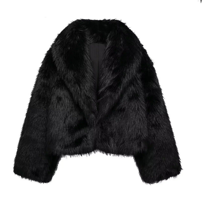 Artificial Fur Effect Polo Collar Jacket
