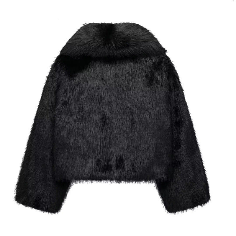Artificial Fur Effect Polo Collar Jacket