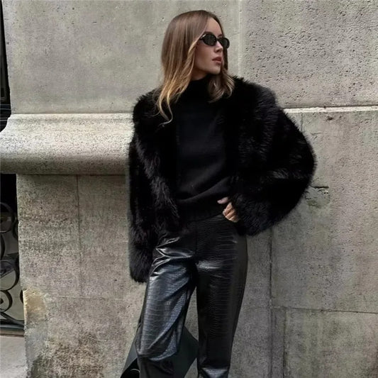Artificial Fur Effect Polo Collar Jacket